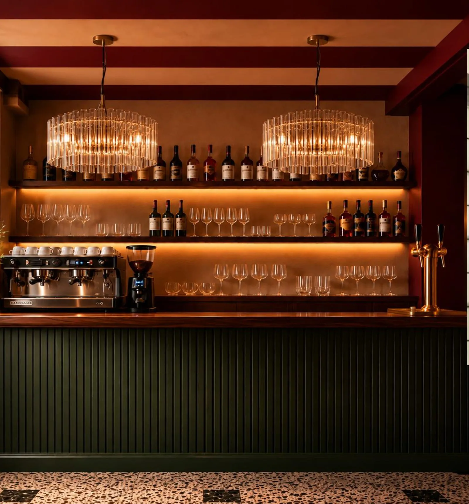 Le bar vert sapin et laiton du Bouillon Nouveau à Mâcon